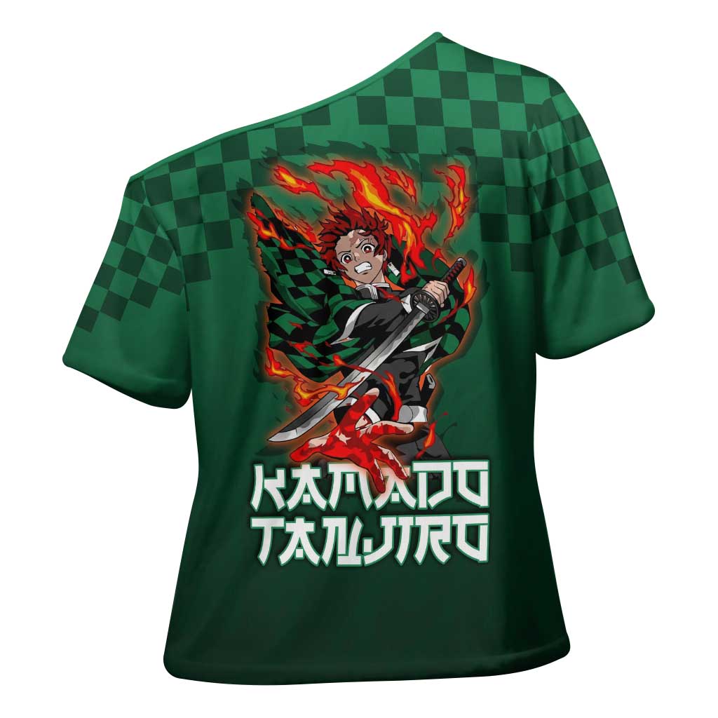 Kamado Tanjiro Demon Slayer Cross Shoulder Shirt Flame Burst Anime Checkered Style
