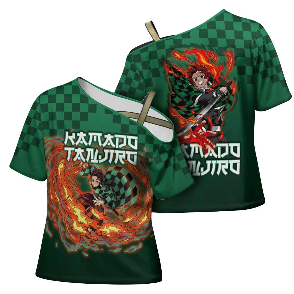Kamado Tanjiro Demon Slayer Cross Shoulder Shirt Flame Burst Anime Checkered Style