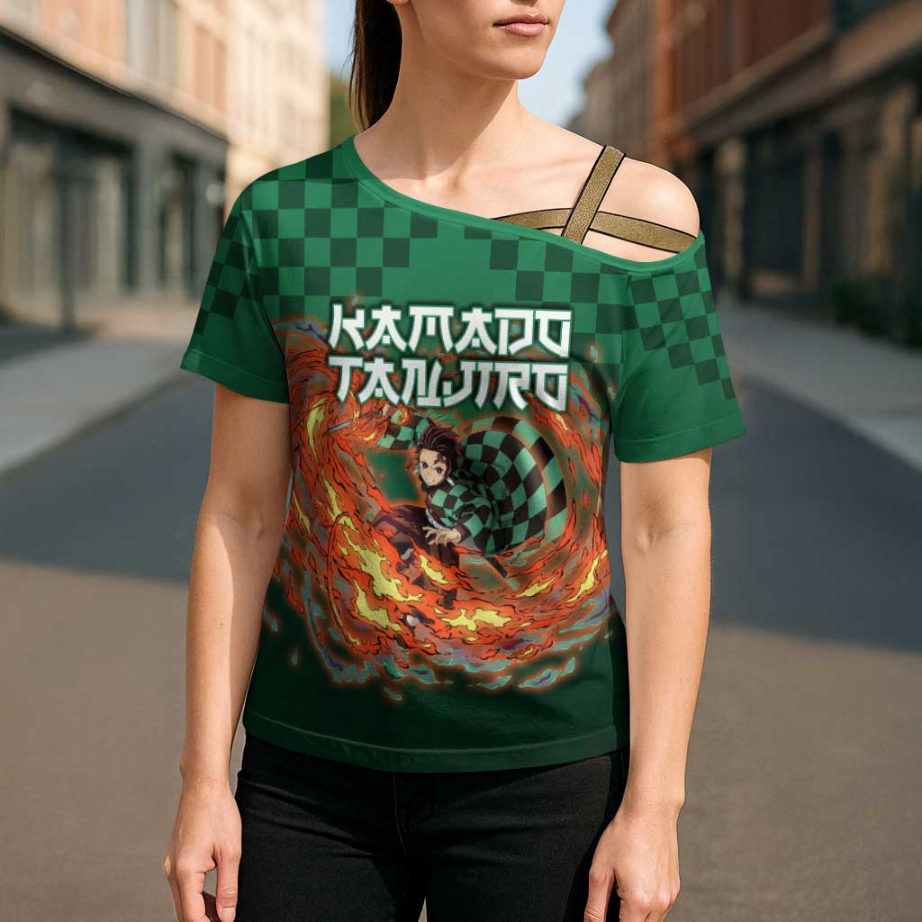 Kamado Tanjiro Demon Slayer Cross Shoulder Shirt Flame Burst Anime Checkered Style