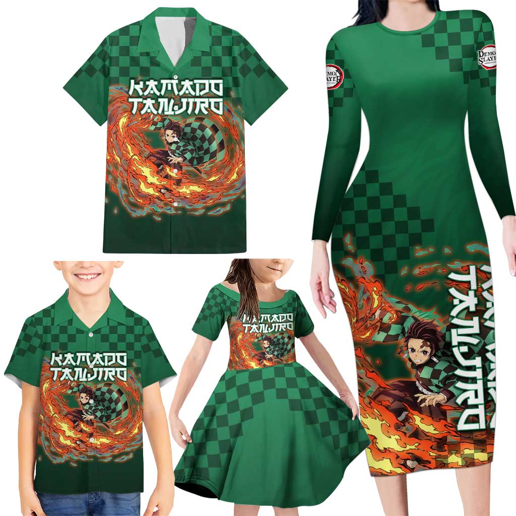 Kamado Tanjiro Demon Slayer Family Matching Long Sleeve Bodycon Dress and Hawaiian Shirt Flame Burst Anime Checkered Style