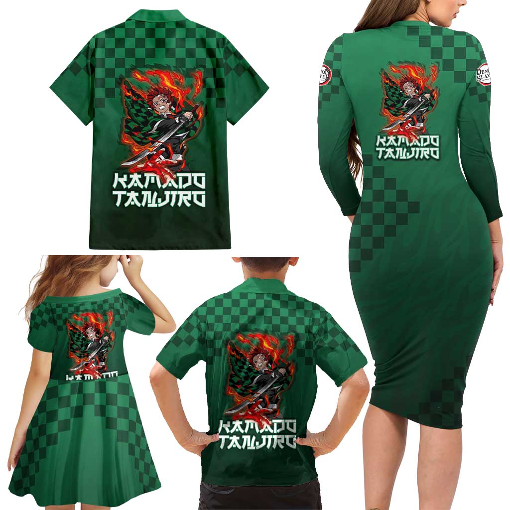 Kamado Tanjiro Demon Slayer Family Matching Long Sleeve Bodycon Dress and Hawaiian Shirt Flame Burst Anime Checkered Style