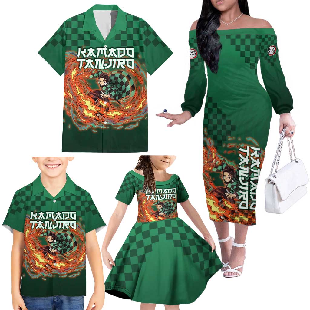 Kamado Tanjiro Demon Slayer Family Matching Off The Shoulder Long Sleeve Dress and Hawaiian Shirt Flame Burst Anime Checkered Style