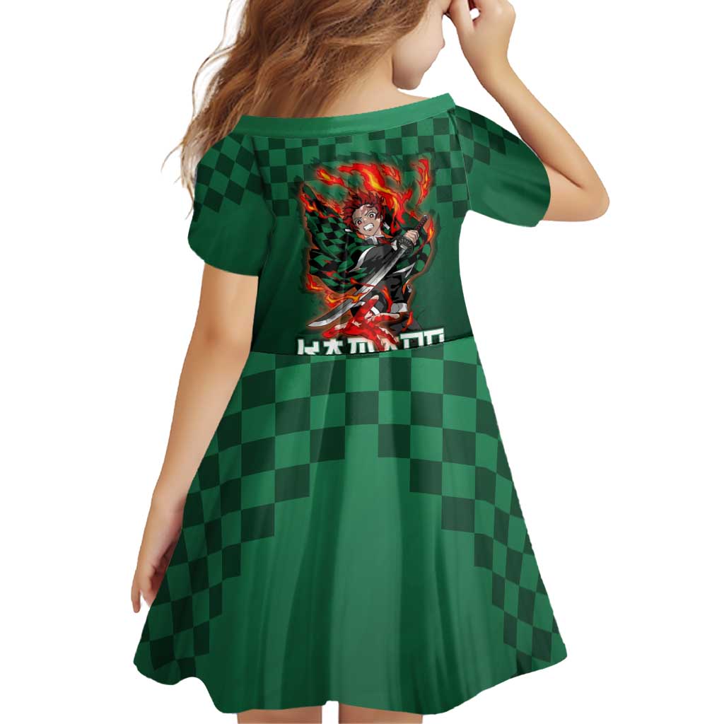 Kamado Tanjiro Demon Slayer Family Matching Off The Shoulder Long Sleeve Dress and Hawaiian Shirt Flame Burst Anime Checkered Style