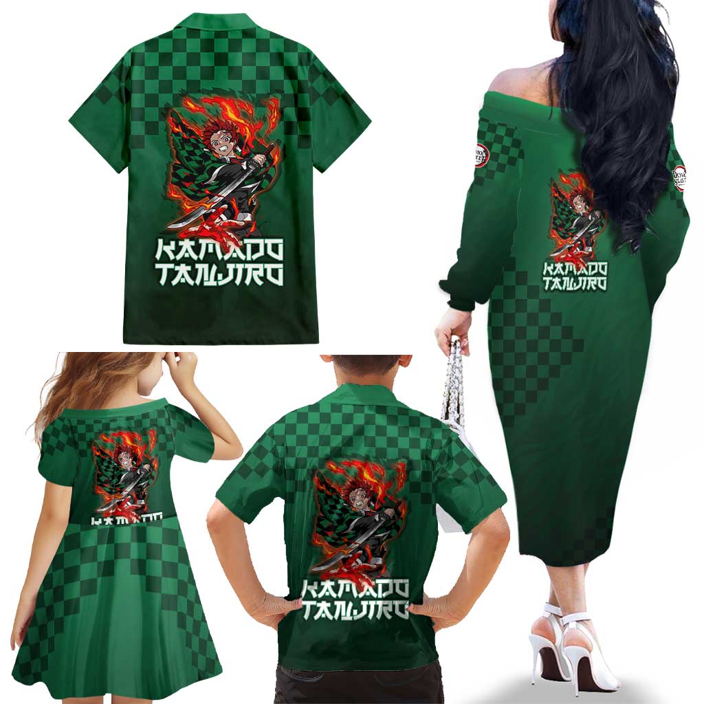 Kamado Tanjiro Demon Slayer Family Matching Off The Shoulder Long Sleeve Dress and Hawaiian Shirt Flame Burst Anime Checkered Style