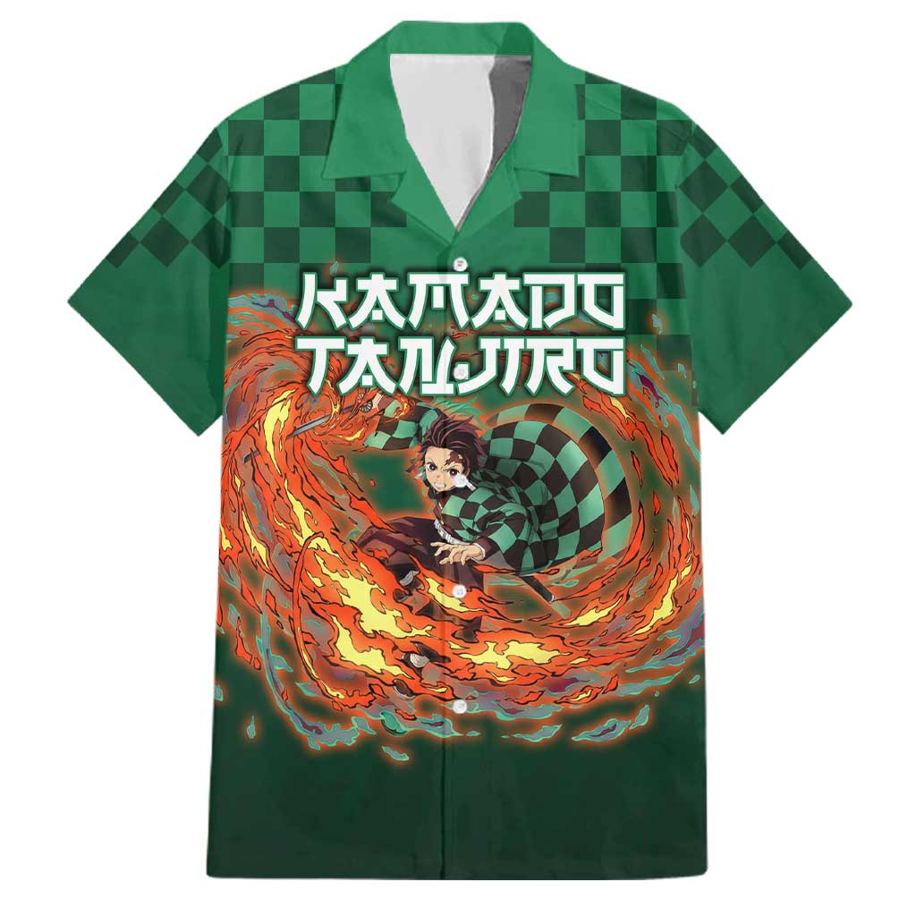 Kamado Tanjiro Demon Slayer Family Matching Off The Shoulder Long Sleeve Dress and Hawaiian Shirt Flame Burst Anime Checkered Style