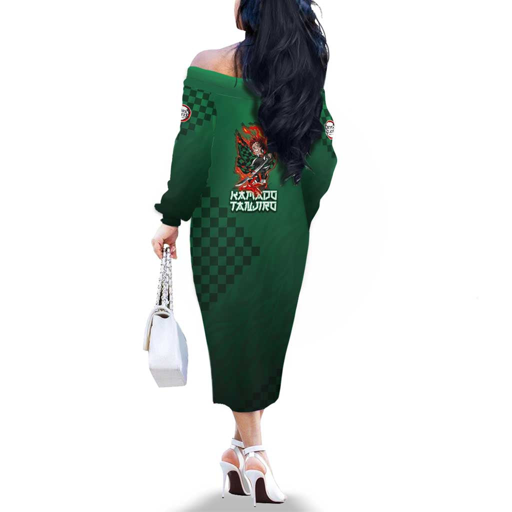 Kamado Tanjiro Demon Slayer Family Matching Off The Shoulder Long Sleeve Dress and Hawaiian Shirt Flame Burst Anime Checkered Style