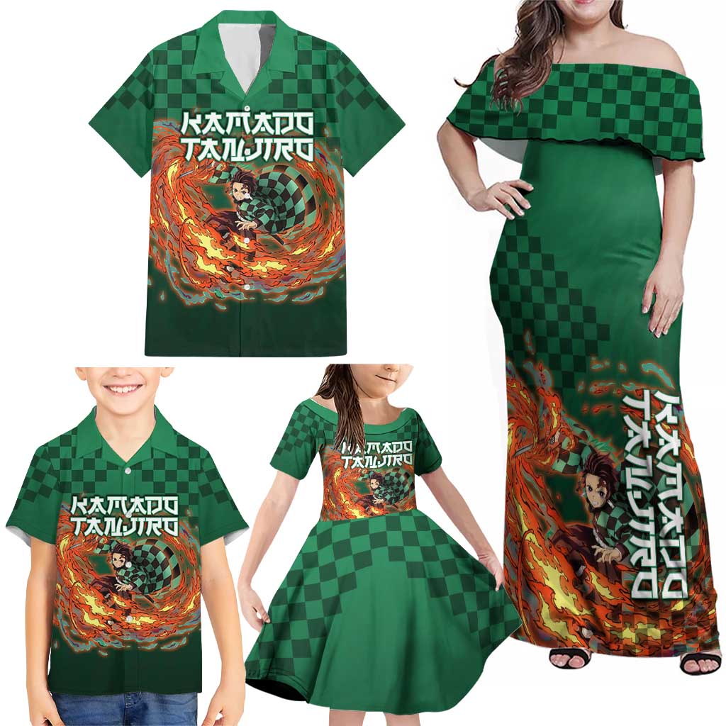 Kamado Tanjiro Demon Slayer Family Matching Off Shoulder Maxi Dress and Hawaiian Shirt Flame Burst Anime Checkered Style