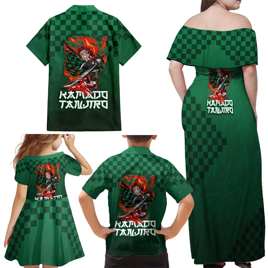 Kamado Tanjiro Demon Slayer Family Matching Off Shoulder Maxi Dress and Hawaiian Shirt Flame Burst Anime Checkered Style