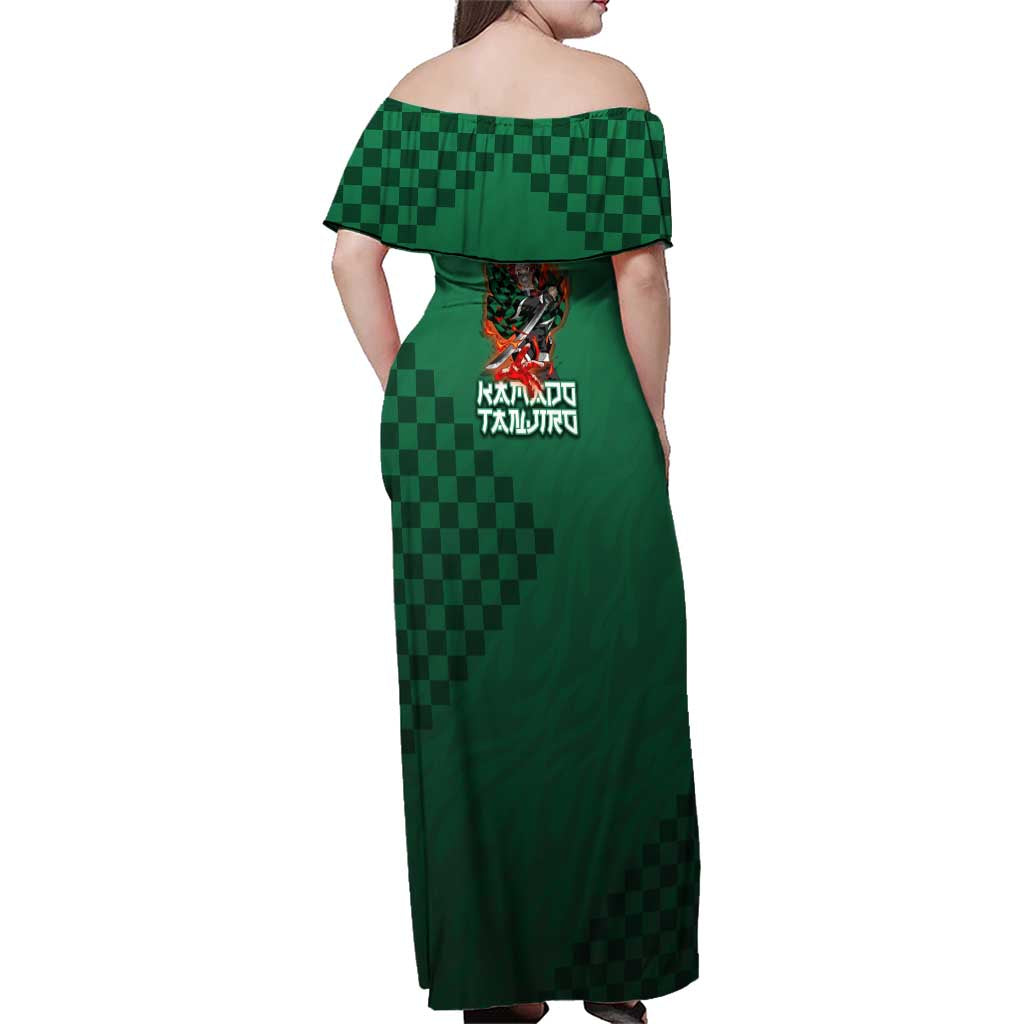 Kamado Tanjiro Demon Slayer Family Matching Off Shoulder Maxi Dress and Hawaiian Shirt Flame Burst Anime Checkered Style