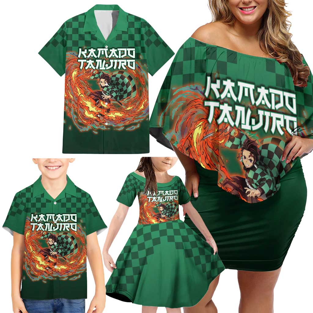 Kamado Tanjiro Demon Slayer Family Matching Off Shoulder Short Dress and Hawaiian Shirt Flame Burst Anime Checkered Style