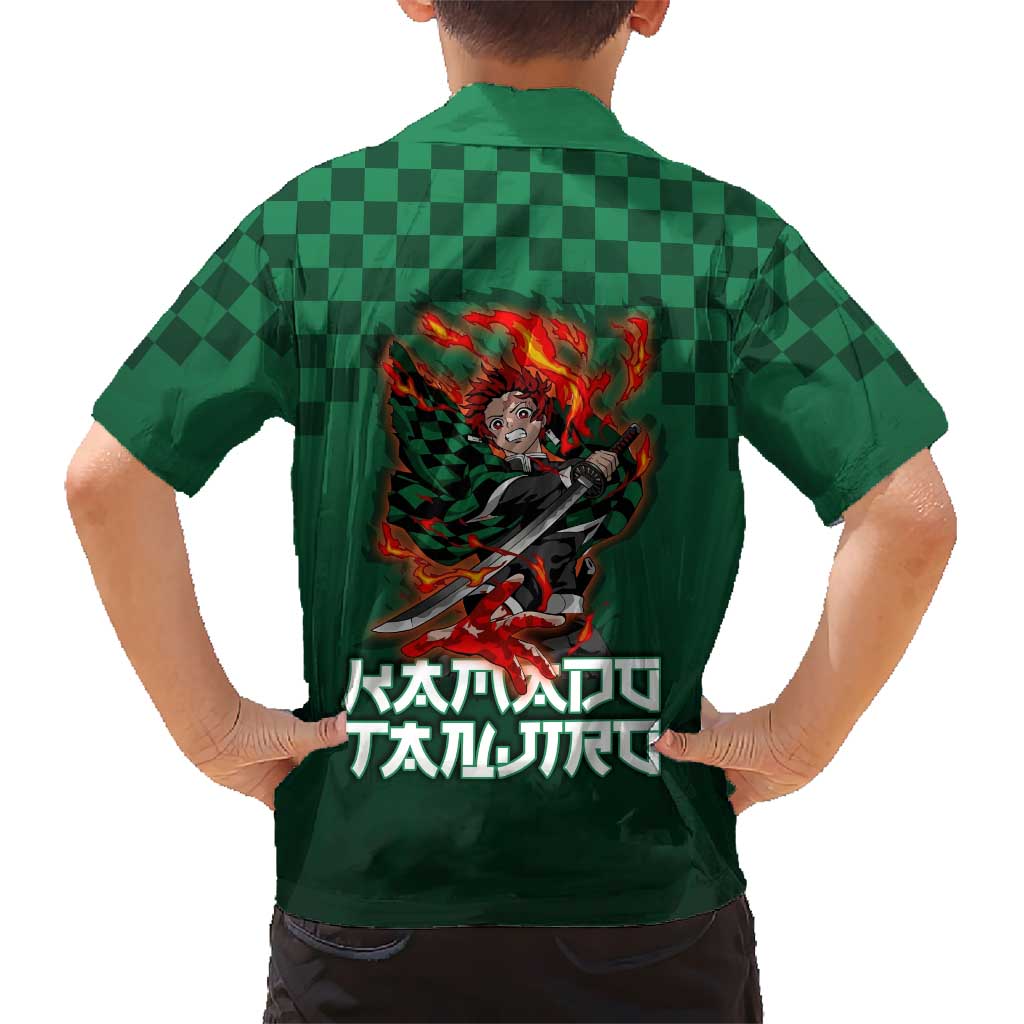 Kamado Tanjiro Demon Slayer Family Matching Off Shoulder Short Dress and Hawaiian Shirt Flame Burst Anime Checkered Style
