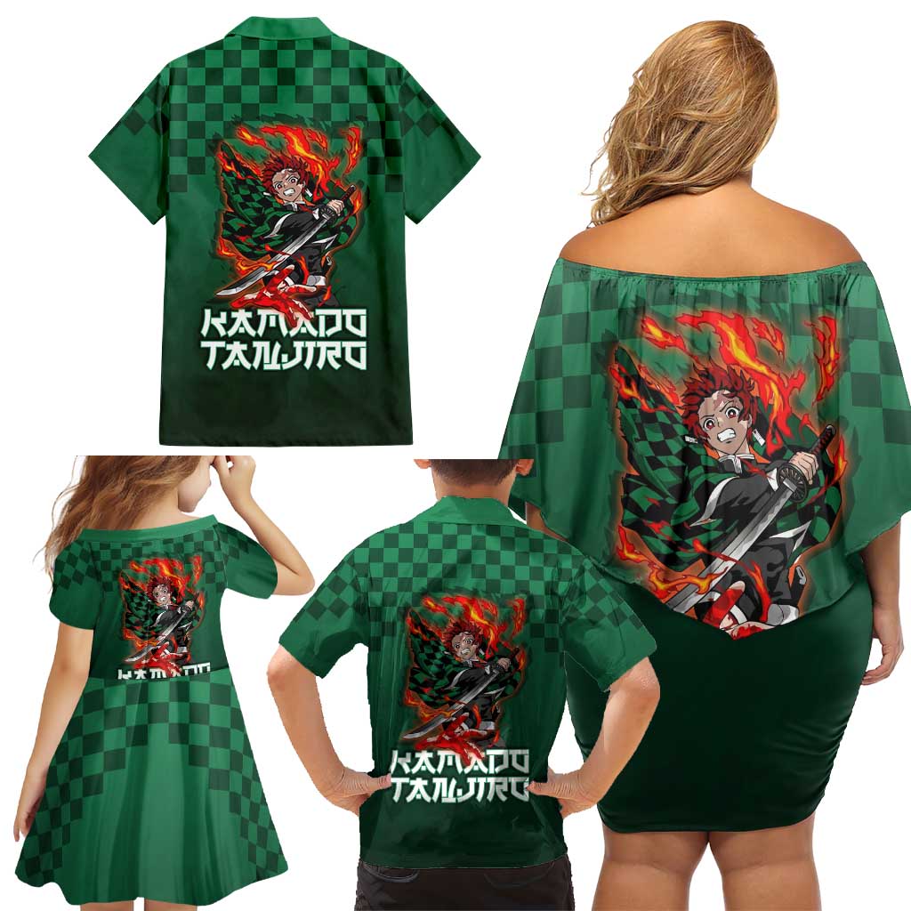 Kamado Tanjiro Demon Slayer Family Matching Off Shoulder Short Dress and Hawaiian Shirt Flame Burst Anime Checkered Style