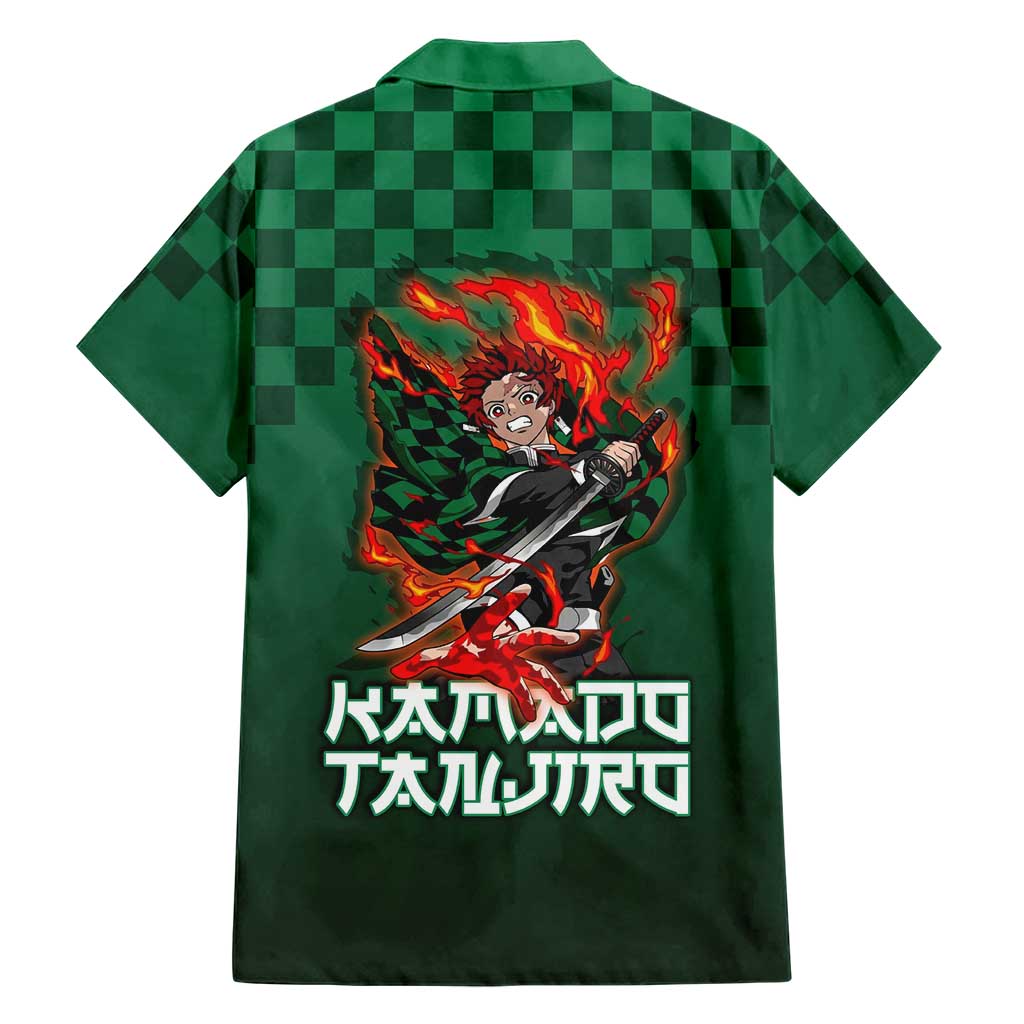 Kamado Tanjiro Demon Slayer Family Matching Off Shoulder Short Dress and Hawaiian Shirt Flame Burst Anime Checkered Style
