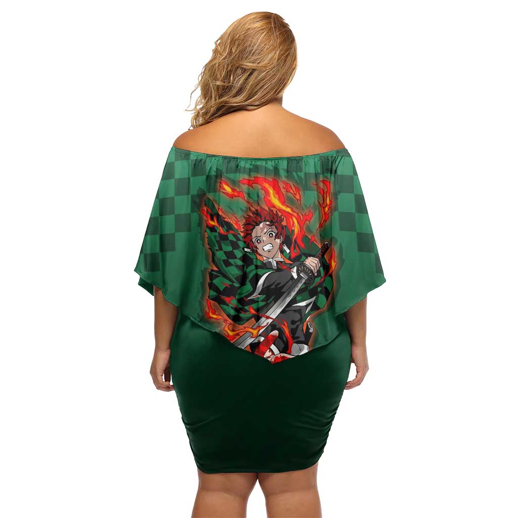Kamado Tanjiro Demon Slayer Family Matching Off Shoulder Short Dress and Hawaiian Shirt Flame Burst Anime Checkered Style