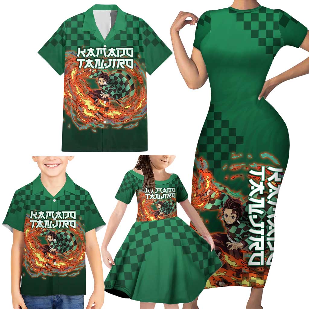 Kamado Tanjiro Demon Slayer Family Matching Short Sleeve Bodycon Dress and Hawaiian Shirt Flame Burst Anime Checkered Style