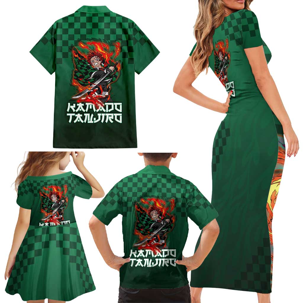 Kamado Tanjiro Demon Slayer Family Matching Short Sleeve Bodycon Dress and Hawaiian Shirt Flame Burst Anime Checkered Style