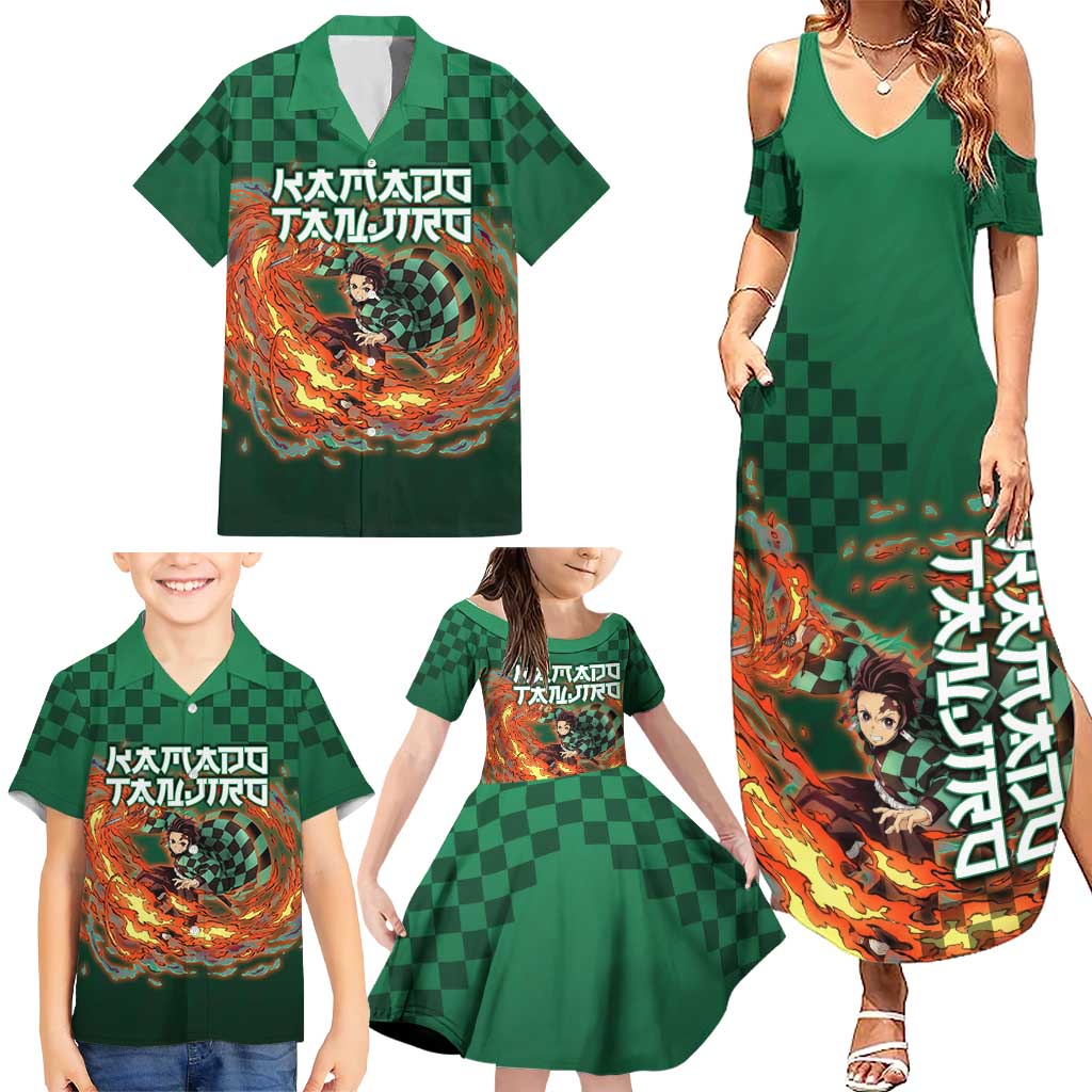 Kamado Tanjiro Demon Slayer Family Matching Summer Maxi Dress and Hawaiian Shirt Flame Burst Anime Checkered Style