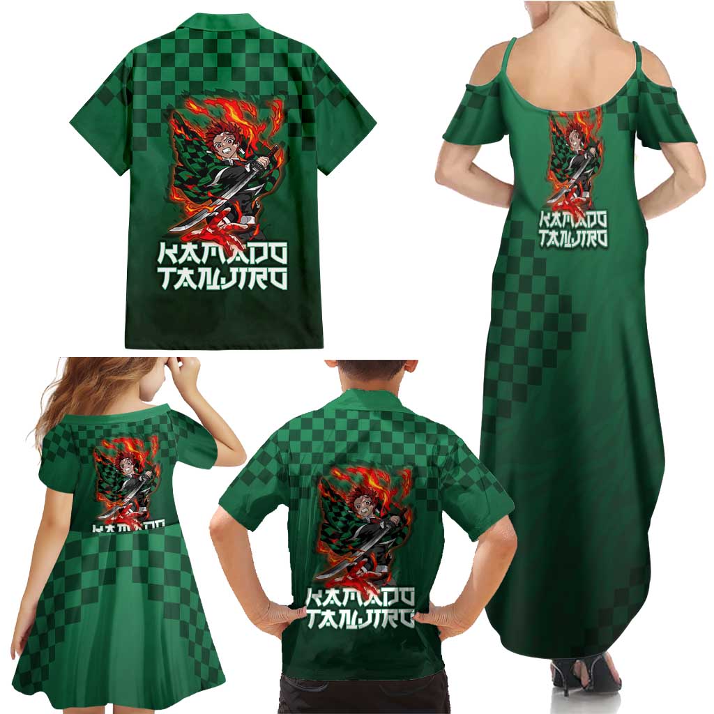 Kamado Tanjiro Demon Slayer Family Matching Summer Maxi Dress and Hawaiian Shirt Flame Burst Anime Checkered Style