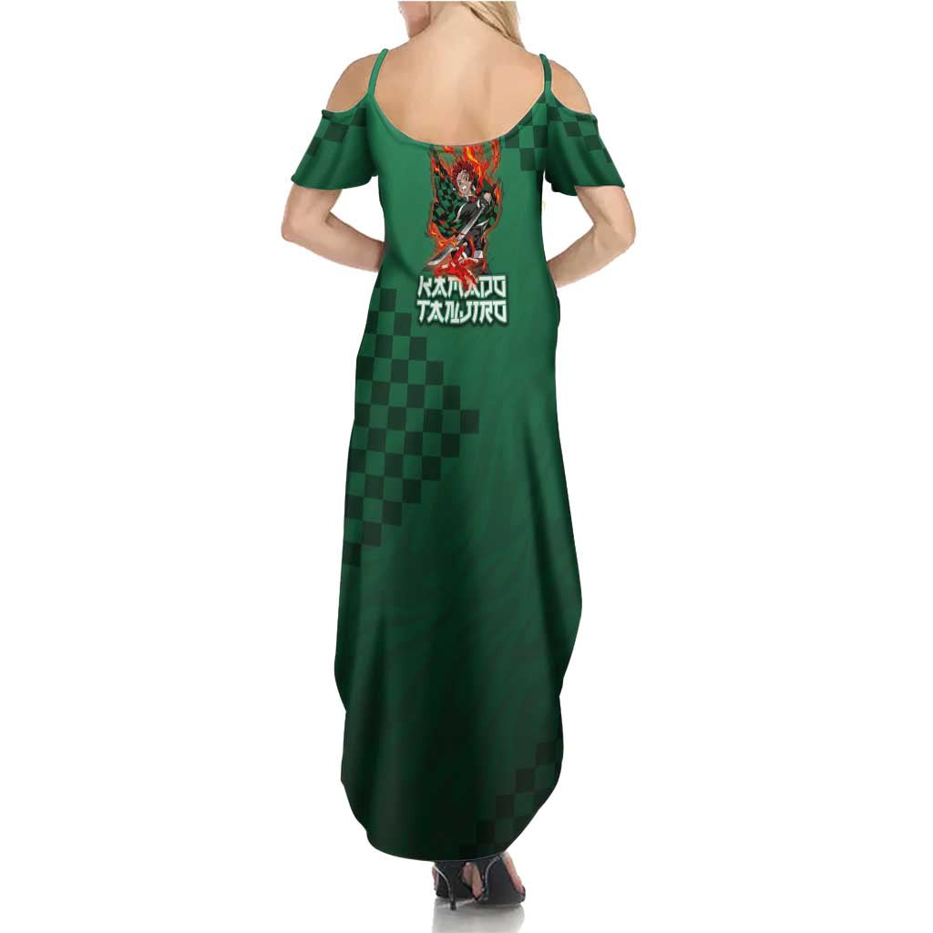 Kamado Tanjiro Demon Slayer Family Matching Summer Maxi Dress and Hawaiian Shirt Flame Burst Anime Checkered Style