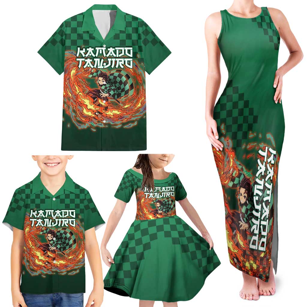Kamado Tanjiro Demon Slayer Family Matching Tank Maxi Dress and Hawaiian Shirt Flame Burst Anime Checkered Style