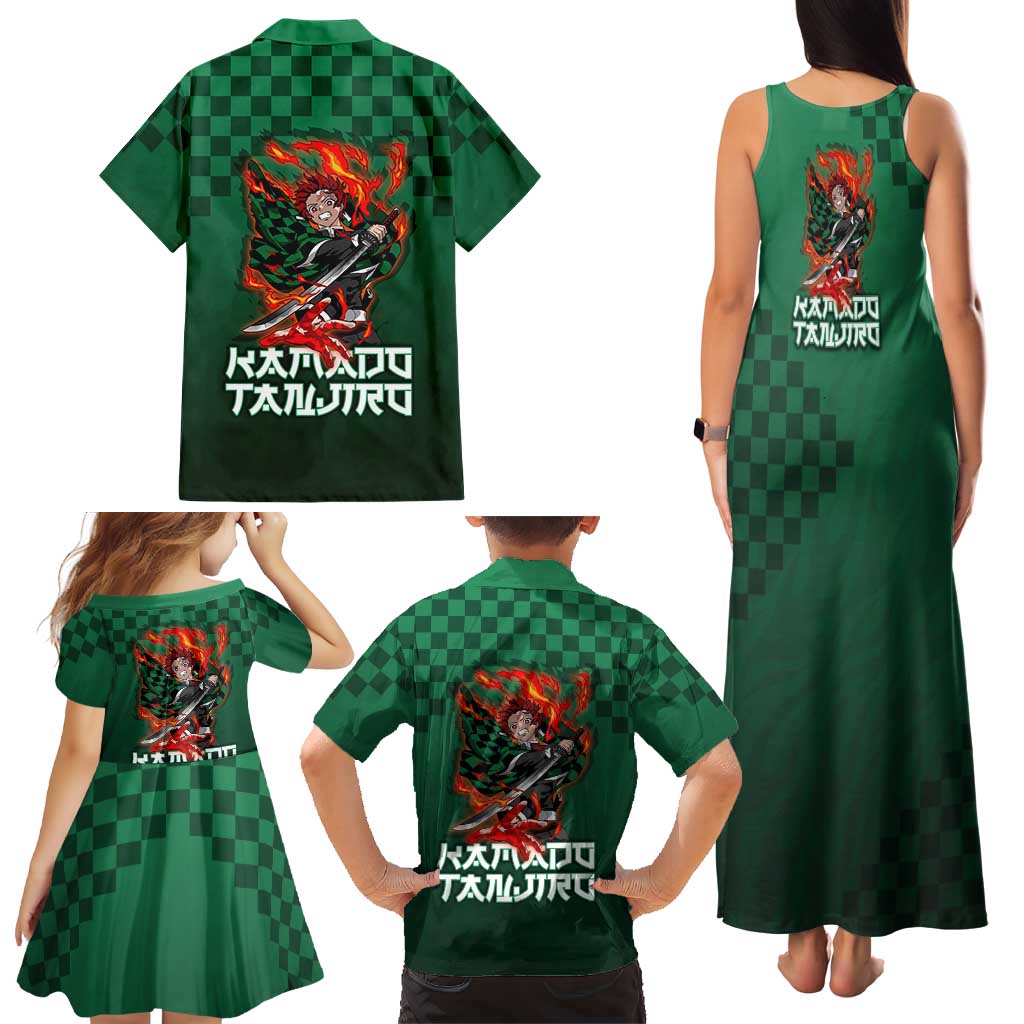 Kamado Tanjiro Demon Slayer Family Matching Tank Maxi Dress and Hawaiian Shirt Flame Burst Anime Checkered Style