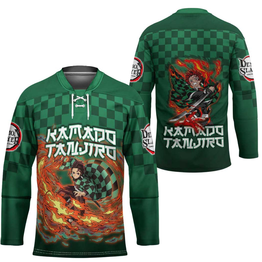 Kamado Tanjiro Demon Slayer Hockey Jersey Flame Burst Anime Checkered Style