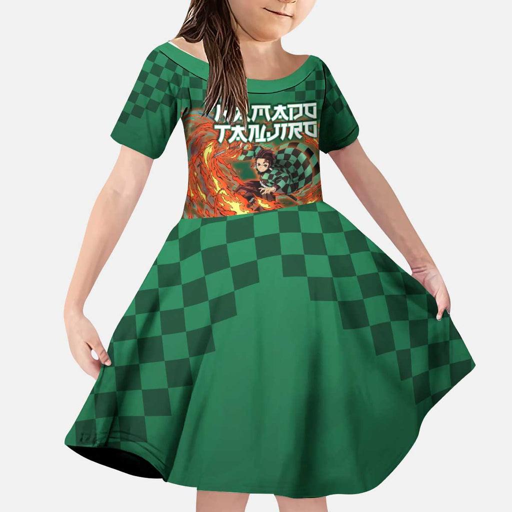Kamado Tanjiro Demon Slayer Kid Short Sleeve Dress Flame Burst Anime Checkered Style