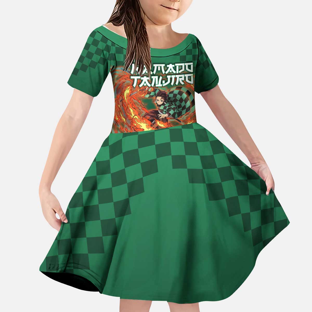 Kamado Tanjiro Demon Slayer Kid Short Sleeve Dress Flame Burst Anime Checkered Style
