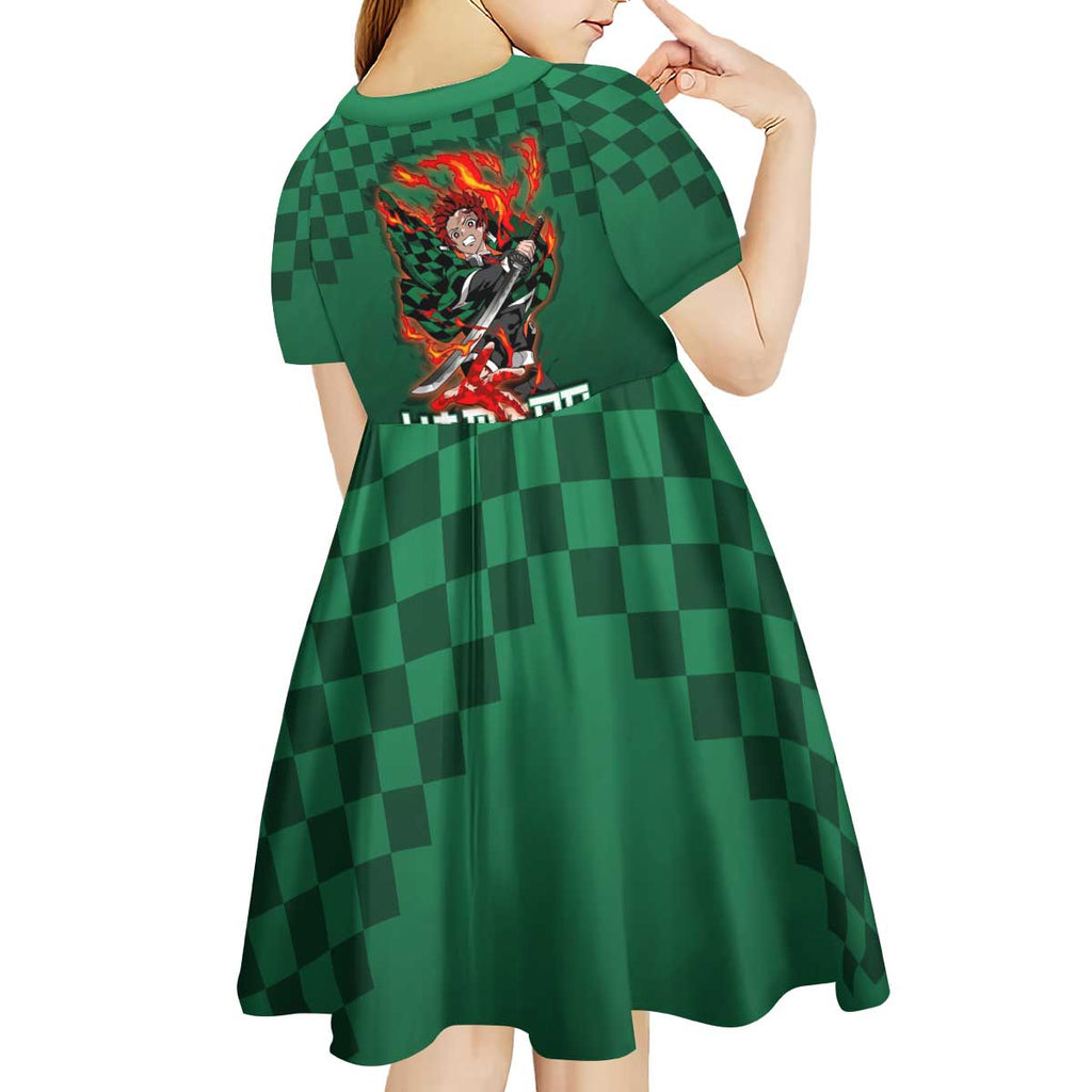 Kamado Tanjiro Demon Slayer Kid Short Sleeve Dress Flame Burst Anime Checkered Style