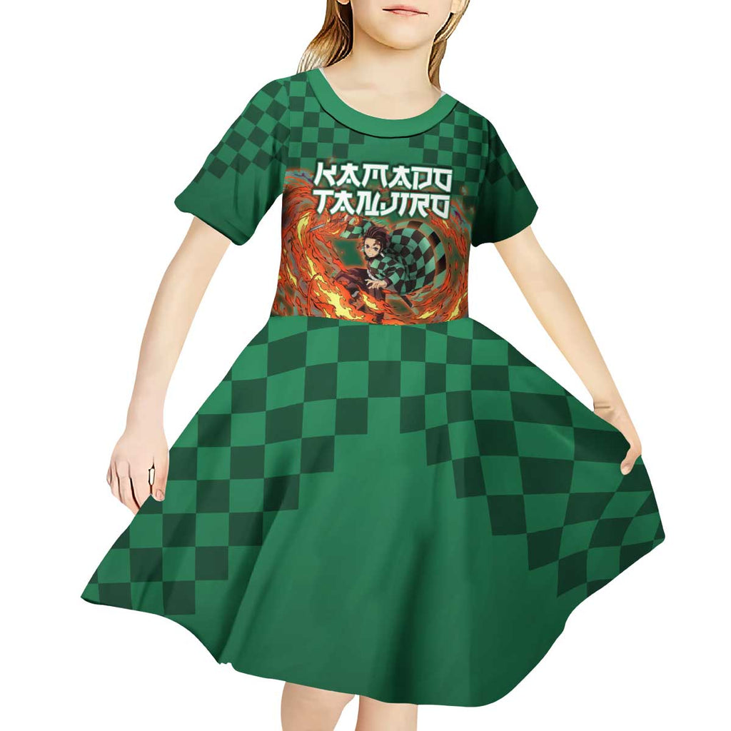 Kamado Tanjiro Demon Slayer Kid Short Sleeve Dress Flame Burst Anime Checkered Style