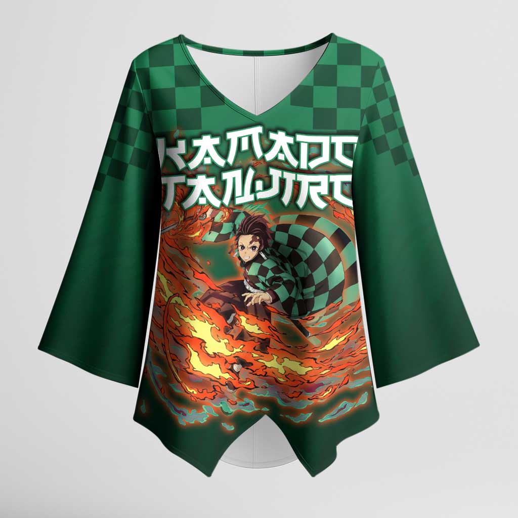 Kamado Tanjiro Demon Slayer Kimono Sleeve Blouse Flame Burst Anime Checkered Style