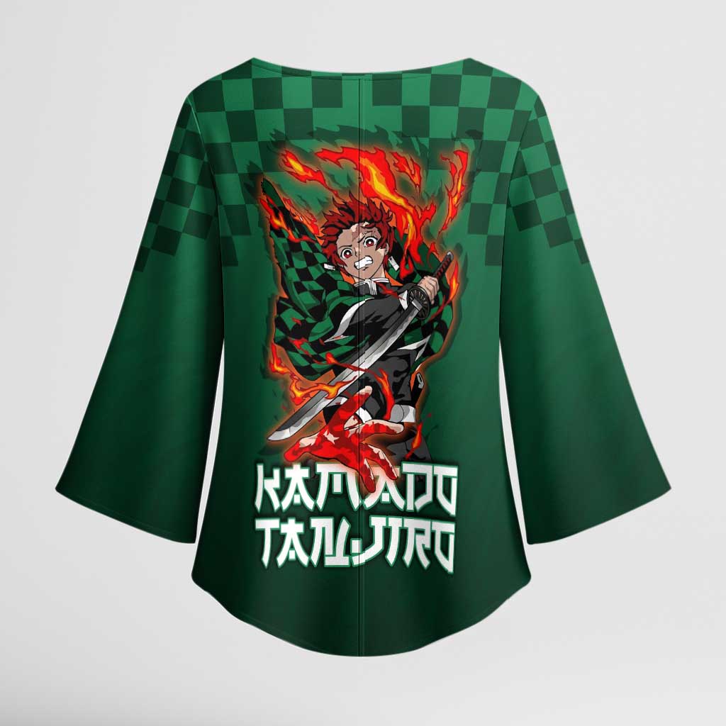 Kamado Tanjiro Demon Slayer Kimono Sleeve Blouse Flame Burst Anime Checkered Style