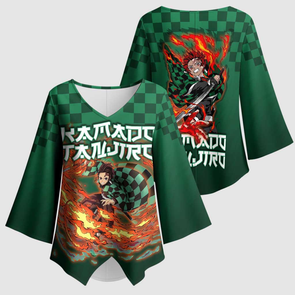 Kamado Tanjiro Demon Slayer Kimono Sleeve Blouse Flame Burst Anime Checkered Style