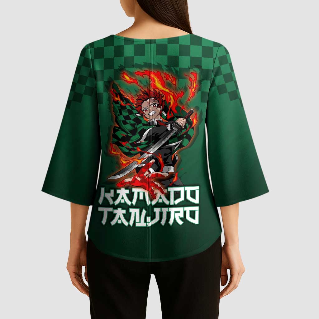 Kamado Tanjiro Demon Slayer Kimono Sleeve Blouse Flame Burst Anime Checkered Style