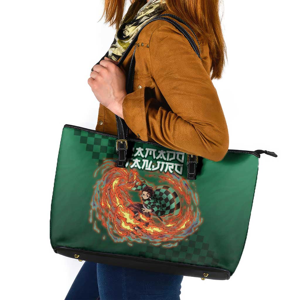 Kamado Tanjiro Demon Slayer Leather Tote Bag Flame Burst Anime Checkered Style