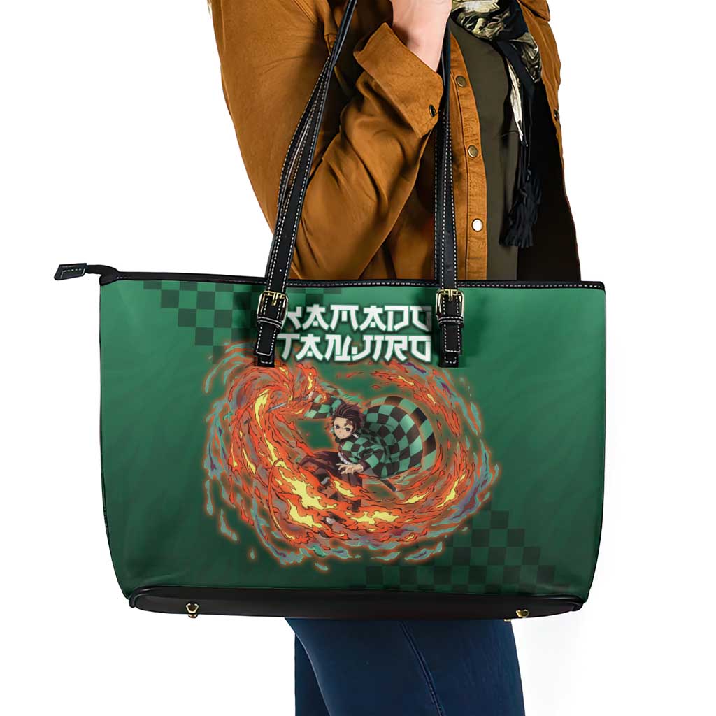 Kamado Tanjiro Demon Slayer Leather Tote Bag Flame Burst Anime Checkered Style