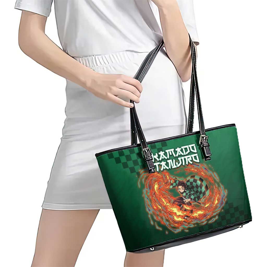 Kamado Tanjiro Demon Slayer Leather Tote Bag Flame Burst Anime Checkered Style