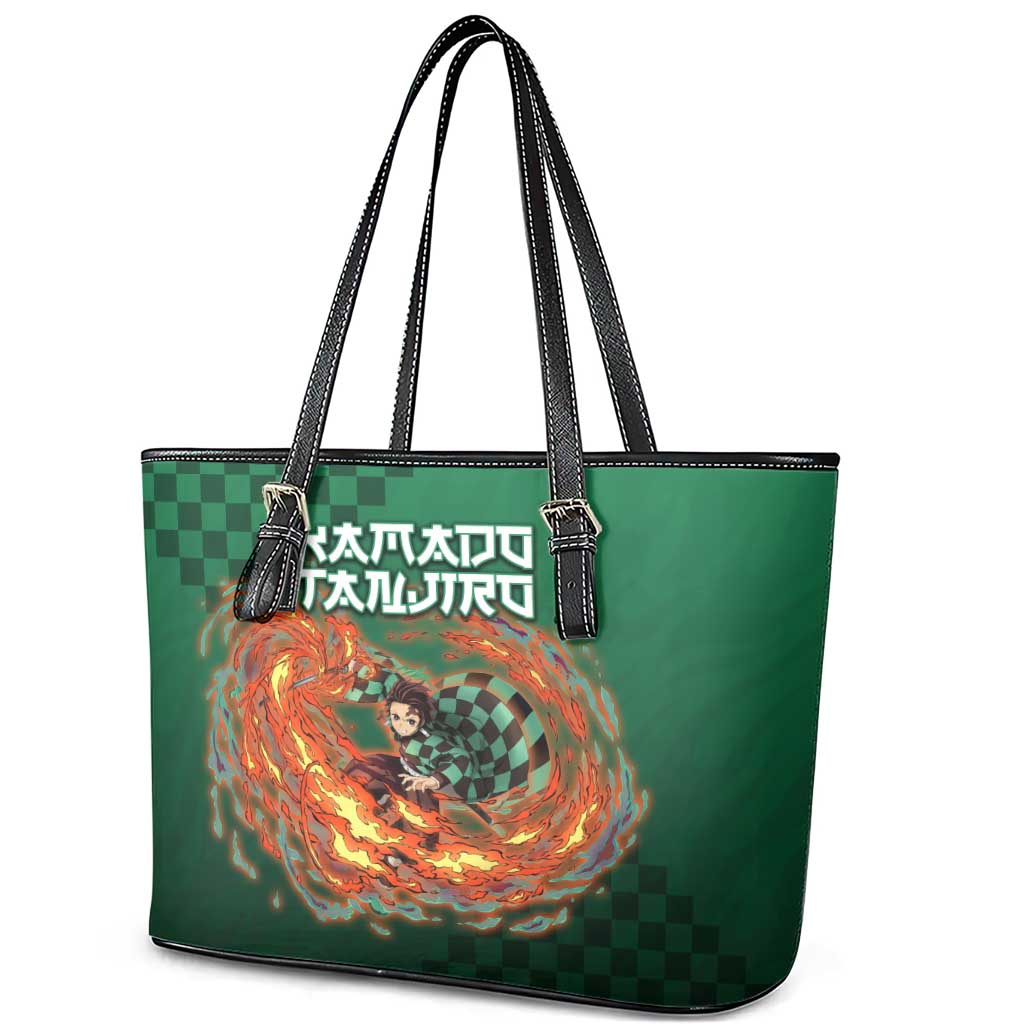 Kamado Tanjiro Demon Slayer Leather Tote Bag Flame Burst Anime Checkered Style