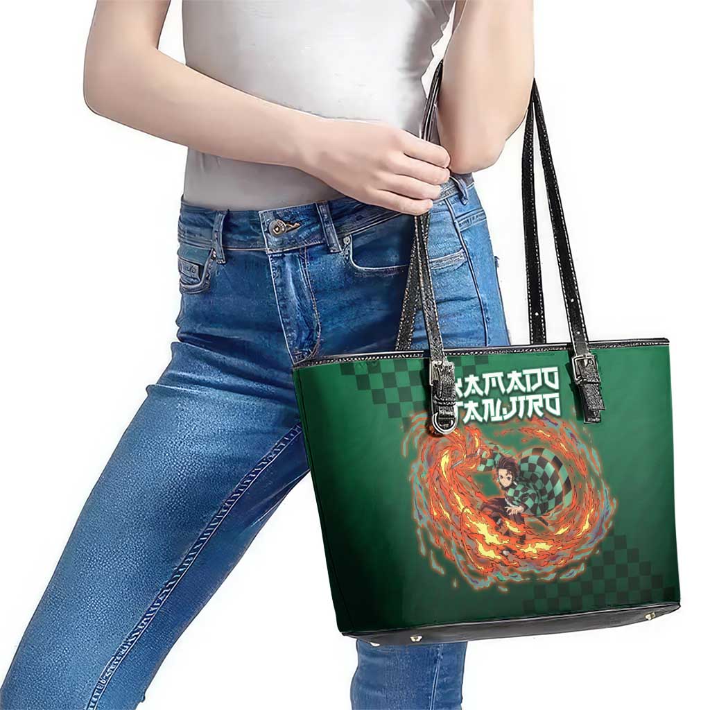 Kamado Tanjiro Demon Slayer Leather Tote Bag Flame Burst Anime Checkered Style