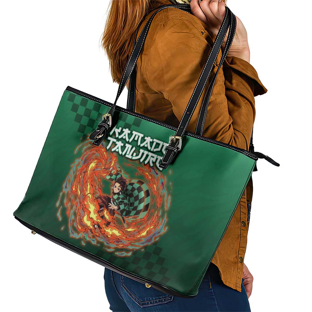 Kamado Tanjiro Demon Slayer Leather Tote Bag Flame Burst Anime Checkered Style
