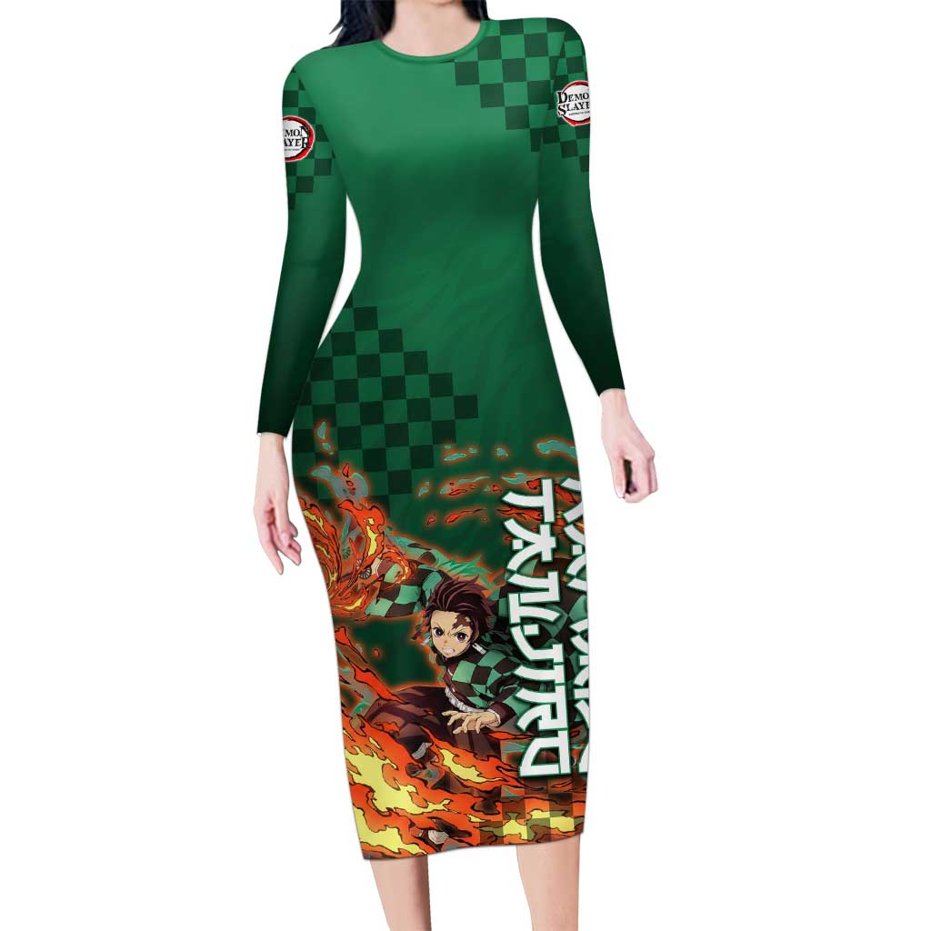 Kamado Tanjiro Demon Slayer Long Sleeve Bodycon Dress Flame Burst Anime Checkered Style
