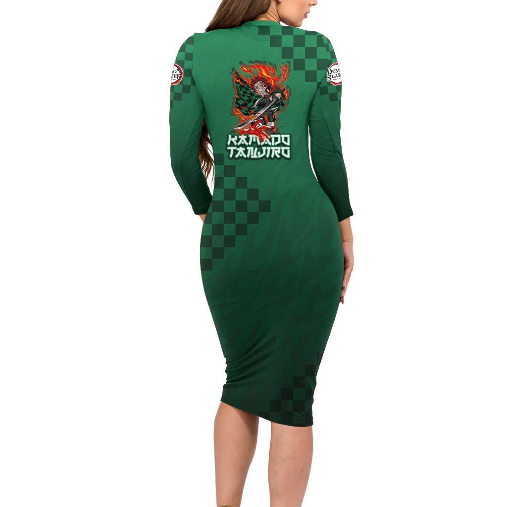 Kamado Tanjiro Demon Slayer Long Sleeve Bodycon Dress Flame Burst Anime Checkered Style