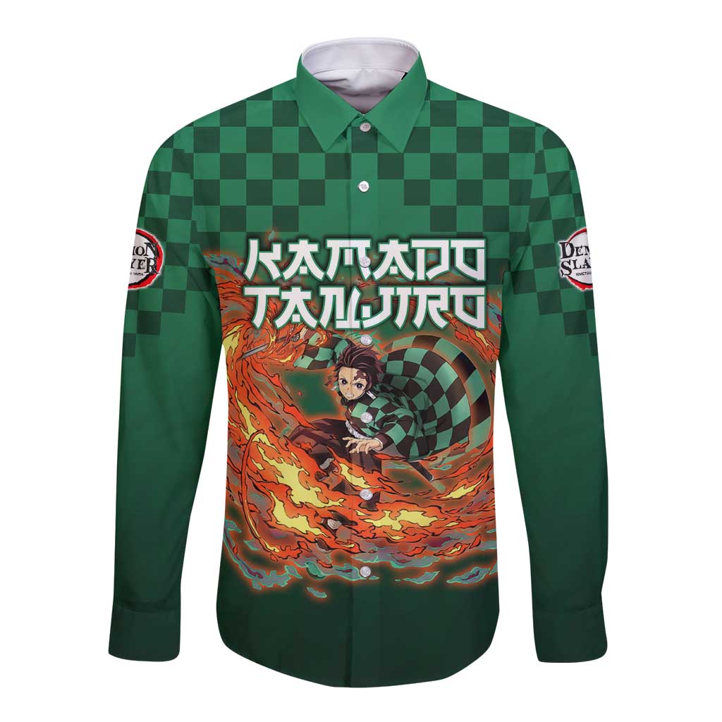 Kamado Tanjiro Demon Slayer Long Sleeve Button Shirt Flame Burst Anime Checkered Style