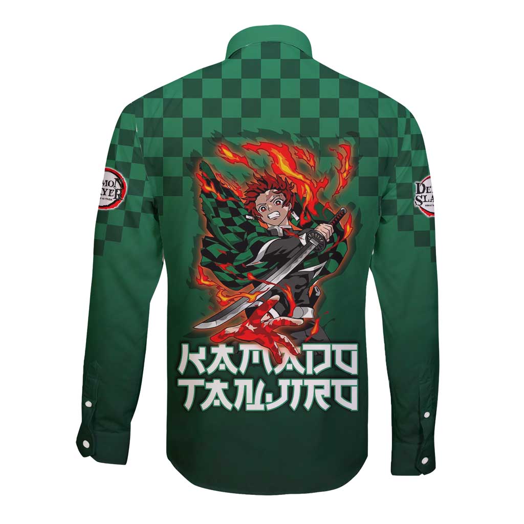 Kamado Tanjiro Demon Slayer Long Sleeve Button Shirt Flame Burst Anime Checkered Style