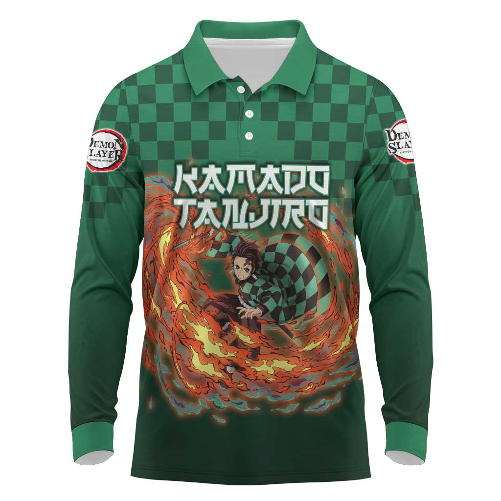 Kamado Tanjiro Demon Slayer Long Sleeve Polo Shirt Flame Burst Anime Checkered Style