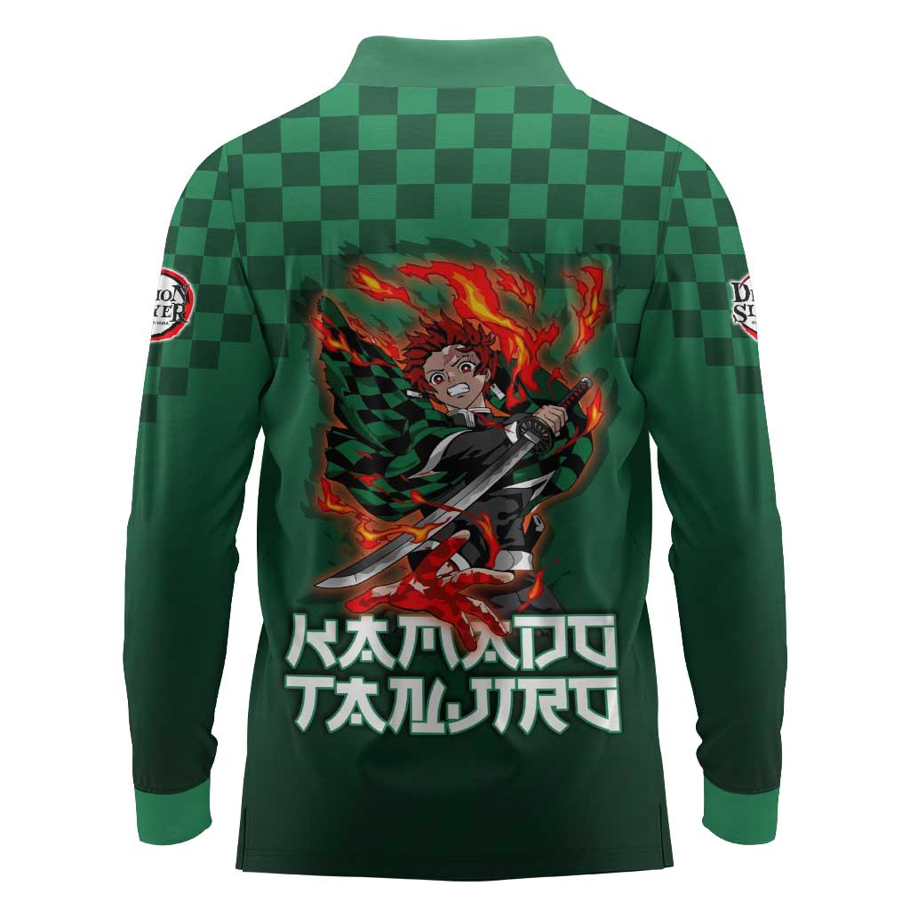 Kamado Tanjiro Demon Slayer Long Sleeve Polo Shirt Flame Burst Anime Checkered Style