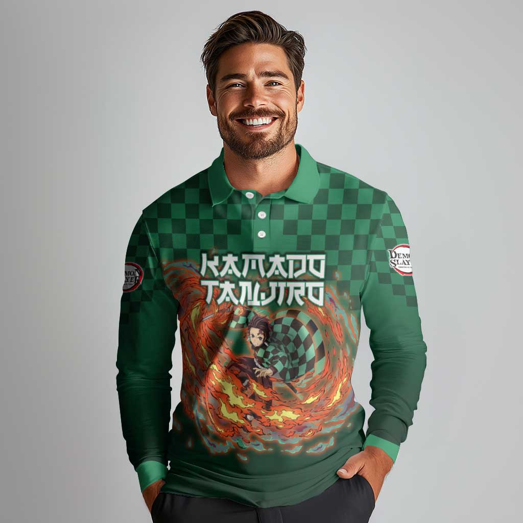 Kamado Tanjiro Demon Slayer Long Sleeve Polo Shirt Flame Burst Anime Checkered Style