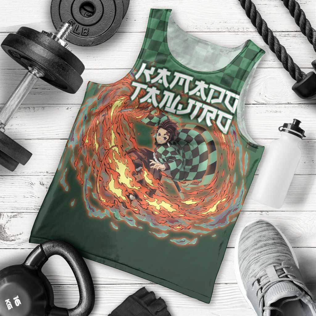 Kamado Tanjiro Demon Slayer Men Tank Top Flame Burst Anime Checkered Style