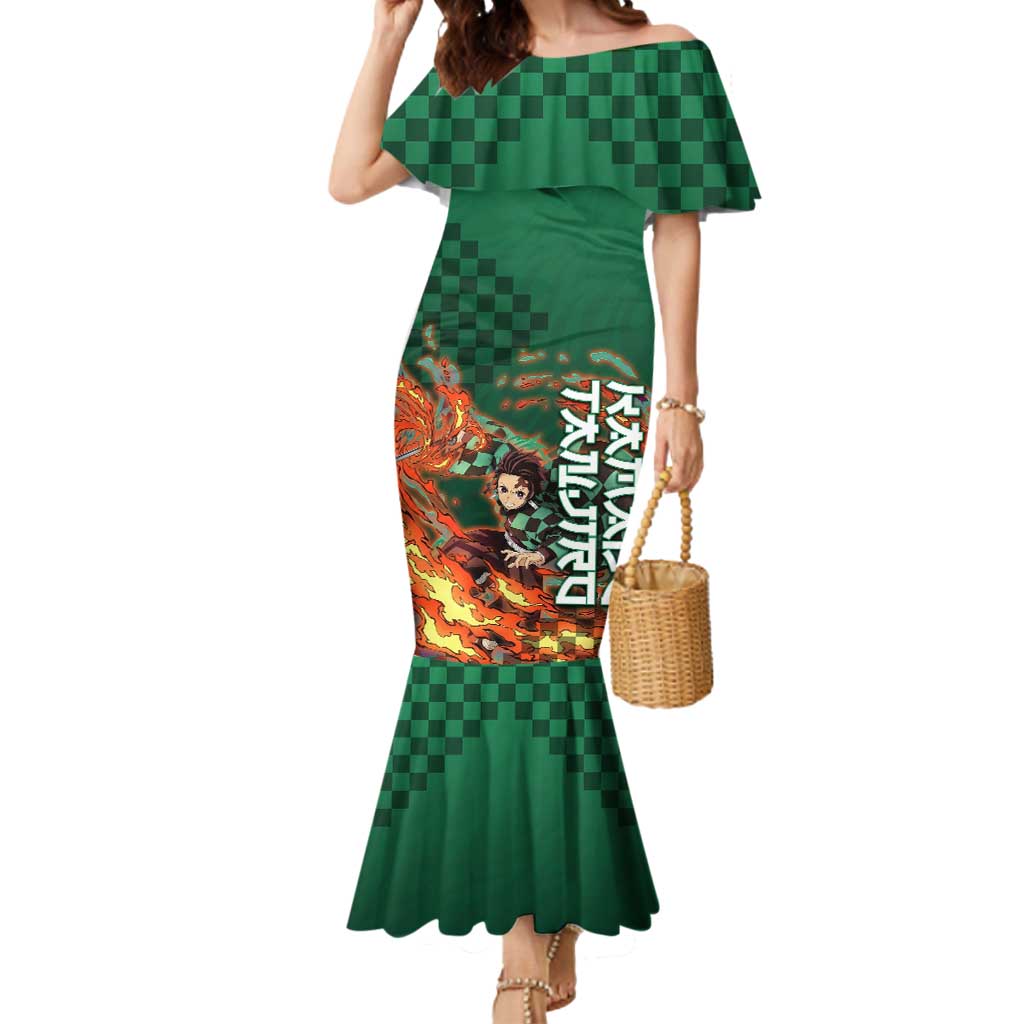 Kamado Tanjiro Demon Slayer Mermaid Dress Flame Burst Anime Checkered Style