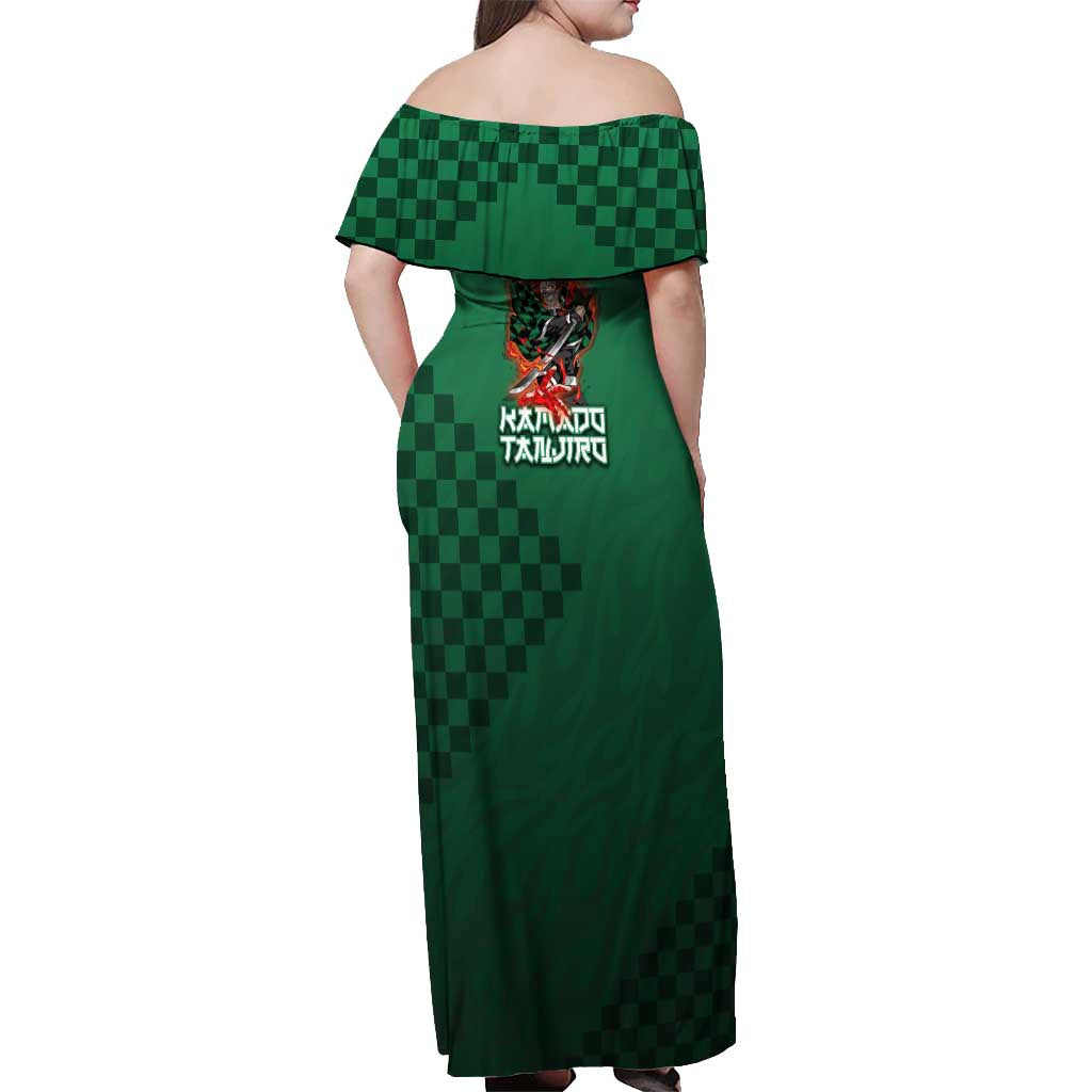 Kamado Tanjiro Demon Slayer Off Shoulder Maxi Dress Flame Burst Anime Checkered Style